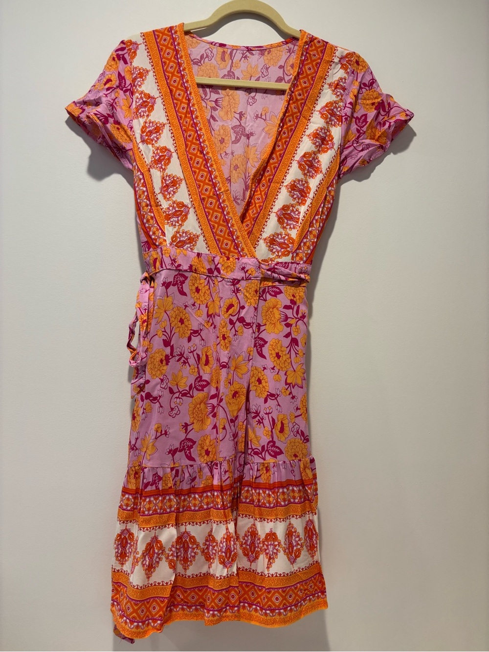 Pink & Orange Floral Wrap Dress - Lightweight Summer Dress